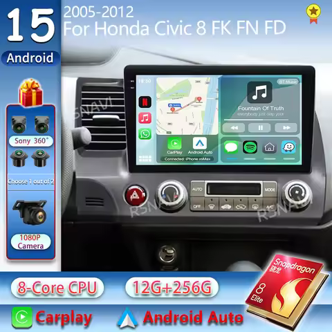 Android 15 For Honda Civic 8 FK FN FD 2005 - 2012 2K QLED Android Car Radio Multimedia Video Player 