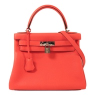HERMES Taurillon Clemence皮革Kelly 28銀扣手挽肩背兩用袋Rose Texas