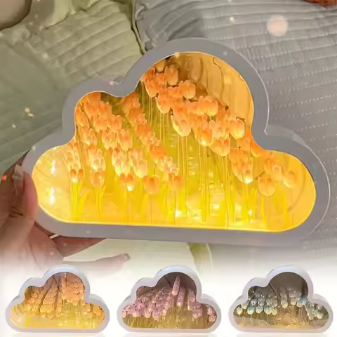 DIY Cloud Mirror Tulip Lamp Night Light Girl Bedroom Ornaments Photo Frame Handmade Glass Bedside Sl