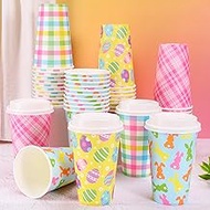 AnyDesign Easter Paper Coffee Cups with Lids Colorful Plaid Easter Egg Bunny Rabbit Disposable Drink
