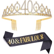 Black Gold "40 & Fabulous"Sash & Rhinestone Tiara Set, 40th Birthday Gifts for Women, Birthday Sash/