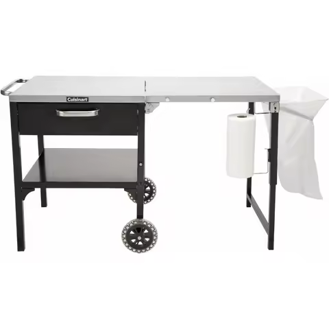 Cuisinart Prep ‘n Cook Outdoor Table and Grill Stand, Stainless Steel Folding Table with Wheels, 48”