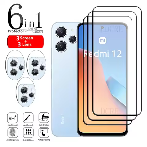 6-in-1 For Xiaomi Redmi 12 Glass Redmi 12 Tempered Glass Protective Full Cover Glue 9H HD Screen Pro