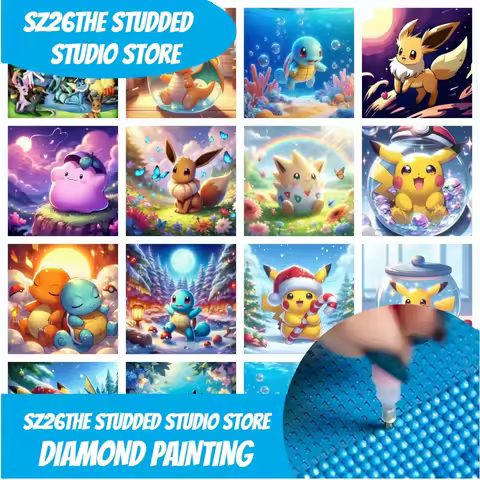 Sz26The Studded Pokemon Kawaii Cute Anime Round Diamond Painting Cross Stitch Mosaic Embroidery Kit 