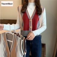 VmewSher New Autumn Spring Women Sweater Vest Argyle V Neck Sleeveless Buttons Knitted Slim Chic Kni