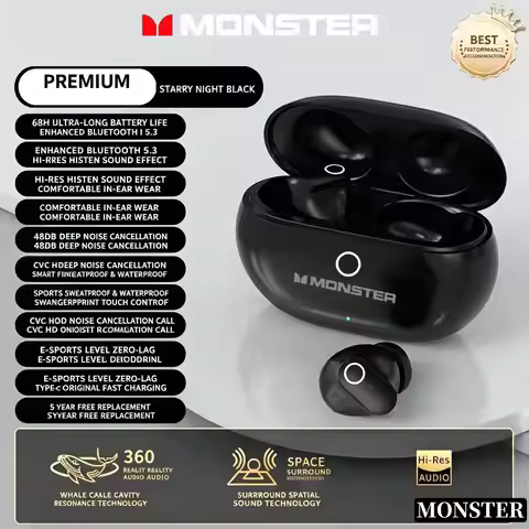 MONSTER Wireless Bluetooth Earbuds ANC Noise Reduction Headphones Hi-Fi Stereo Sound Earphones Gamin