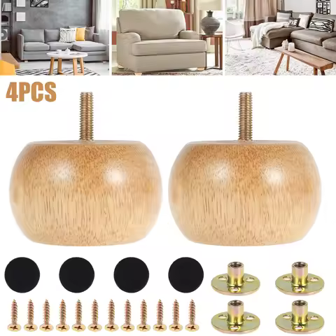 4/8PCS Furniture Legs Wooden Furniture Leg Solid Furniture Feet Round Bun Feet with 4 Screws Non-sli