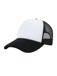 黑白色海綿網帽,圓頂帽設有拼色,適用於旅遊、防曬、工作和棒球等場合