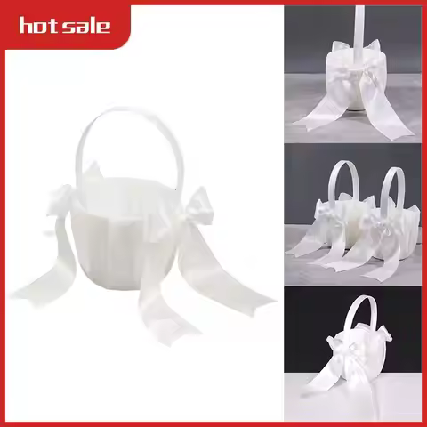 1 Pack White Flower Girl Basket Wedding Basket For Flower Girls Cute Satin Flower Girl Basket