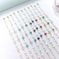 Korea Dongdaemun ins Style Freshwater Pearl Bracelet Beaded 4-Leaf Clover Titanium Steel Golden Hand