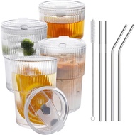 16 OZ Iced Coffee Cups with Lids and Straws Set of 4, Unbreakable Plastic Drinking Glasses Reusable 
