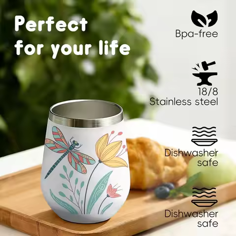 Vibrant Dragonfly & Floral Vacuum Flasks 12oz Insulated Wine Tumbler Vacuum Coffee Mug Egg Shape The