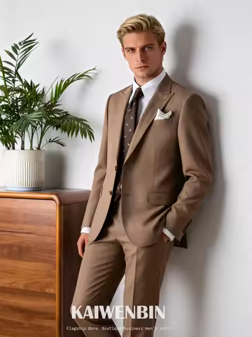Male Suit Light Brown Half-canvas 2-Piece Peaked lapel Jacket Pants Single Breasted Groom Business M