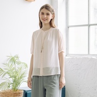 [CUMAR] Collar Circumference Pleated Sleeves Dark Placket Top White Pink