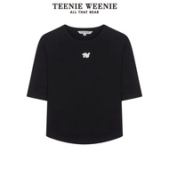 Teenie Weenie 2024ต้นฤดูใบไม้ร่วงใหม่สีขาวปักแขนสั้นเสื้อยืดผู้หญิงตรงสไตล์ผ้าฝ้ายยูรีเทนElastiastan