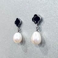 天然珍珠耳環 白珠 淡水珠 925純銀 黑瑪瑙