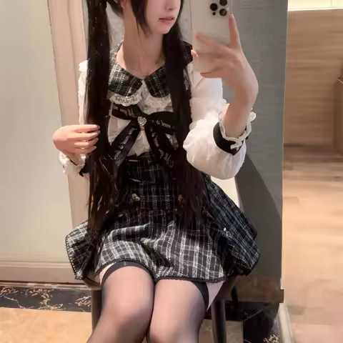 IMU Harajuku Japanese Gothic Bow Dress Shorts Set Women Sweet Long Sleeve Plaid Shirt Dress Rhinesto