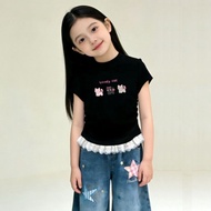 Ts45 black cat t-shirt for girls 5-6 years old lace combination t-shirt simple korean fashion cute b
