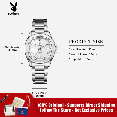 PLAYBOY 3529 Brand original authentic stainless steel strap square dial calendar function elegant wo