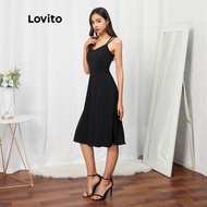 Lovito Casual Plain Criss Cross Split Thigh Dress L07087 (Black) Lovito Gaun Polos Kasual