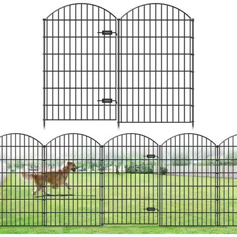 48in Tall x 20.3ft Long Metal Garden Fence with 1 Gate and 7 Panels, Ideal for Dog Enclosures, Anima
