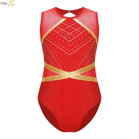 Kids Girls Gymnastics Leotard Metallic Rhinestones Ballerina Dance Costume Sleeveless Ballet Athleti