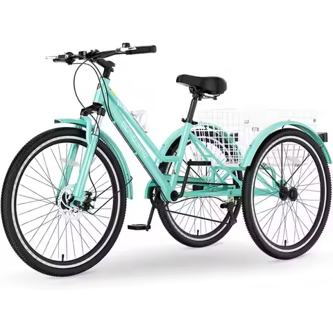 7-Speed Adult Mountain Trike, 24/26/27.5 with Front Disc Brake, Suspension, Cargo Basket, 350lbs Cap