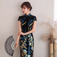 【艾莉时尚】Cheongsam Dress Plus Size velvet embroidery Long Dress Short Sleeve Retro Chinese Dress Cheong