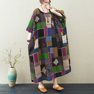 Oladivi Plus Size L-10XL Oversized Women Fashion Plaid Print Cotton Linen Dress Long Tunics 5301 KCJ