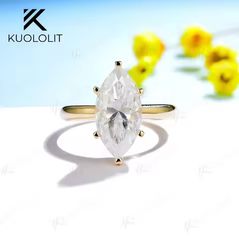 Kuololit 4CT Marquise Cut Moissanite Diamond Rings for Women Solid 18K 14K Yellow Gold Solitaire Rin