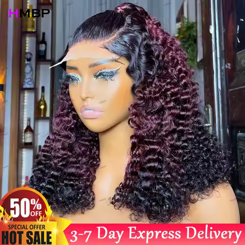 Ombre Color 1B/99J/1B Kinky Curly Glueless Lace Frontal Wig Human Hair Ready To Go 400 Density 360 H
