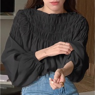 Solid Color Pleated Long Sleeve Pullover Shirt Korean style Fashion Thin Top for Women