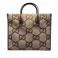GUCCI古馳 Jumbo 超級雙G大老花Logo大容量 帆布拼皮革 托特包Tote包購物袋單肩斜挎手提包 小號 男女同款情侶款 棕色