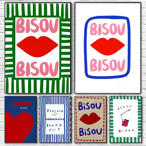 Bisou & More Amore Pink French Canvas Print Good Morning Good Night Kiss Wall Art Poster for Modern 