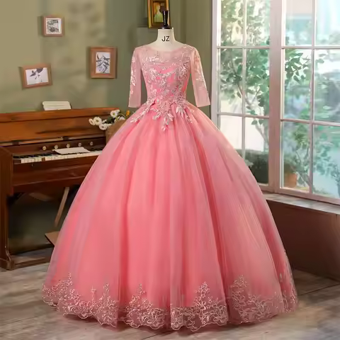 Customized Ball Gown Pink Women Evening Dresses Appliques Tulle Prom Birthday Party Gowns Formal Occ