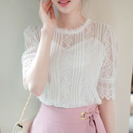 New Style Korean Hollow Lace Top Women Summer Temperament Short-Sleeved T-Shirt Round Neck Chiffon Shirt Embroider