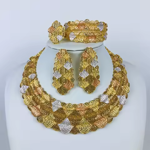 ESALE Italian Ladies Fine Jewelry Sets Gold Color Women Necklace Earrings African Big Jewelry Weddin