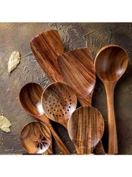 4-7 件/套泰國柚木天然木質烹飪用具,包括廚房用翻轉器、濾米器、湯勺、撇渣器和烹飪勺
