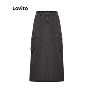 Lovito Casual Plain Pocket Washed Women Denim Skirt L45AD069