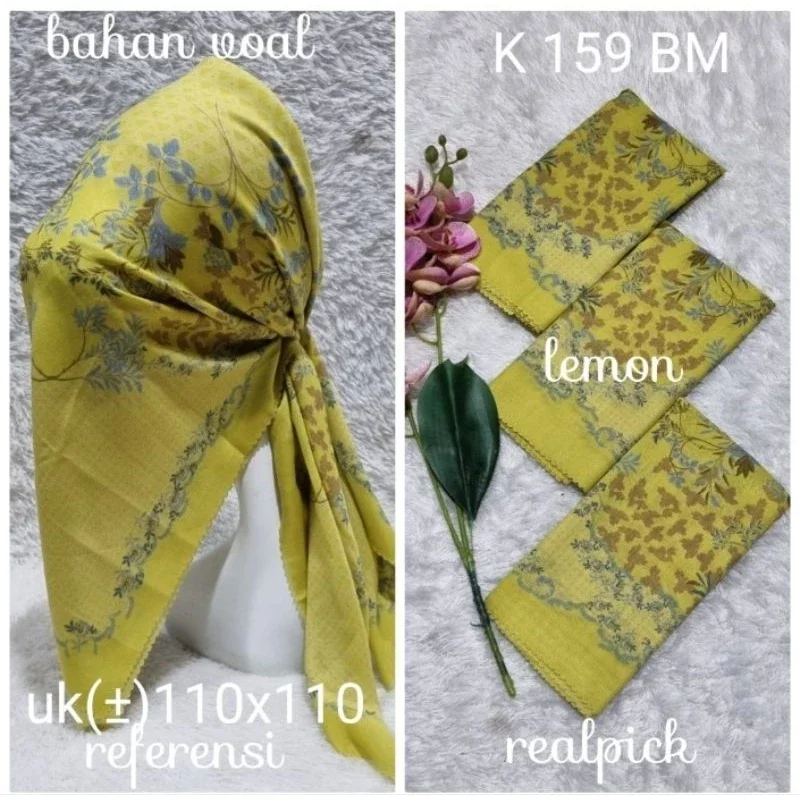Hijab Segi Empat Voal Motif Bunga Warna Lemon Kerudung Jilbab Murah Terbaru