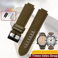 ▽◐☁ Sports canvas Watchband cowhide bottom For TIMEX T2N720 T2N721 TW2R55500 24x16mm Army green brown Men's Watch Strap Bracelet