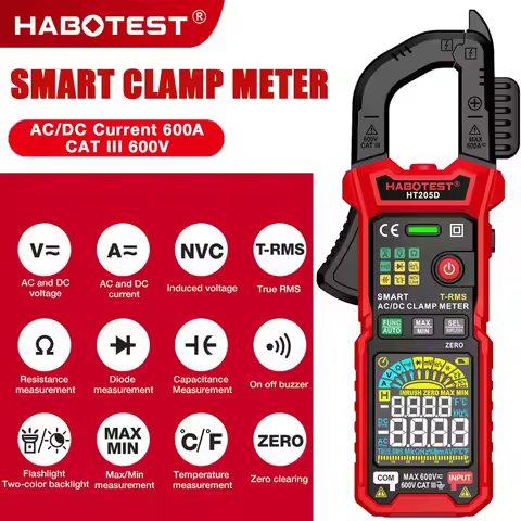 HABOTEST HT205A/HT205D Clamp Meter Auto Range True RMS NCV DC AC Voltage Inrush Current Temperature 