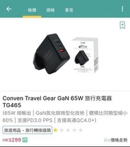 Conven Travel Gear GaN 65W 旅行充電器 TG465(65W 總輸出 | GaN氮化鎵微型化技術 | 體積比同類型細小60% | 支援PD3.0 PPS | 支援高通QC4.0+)