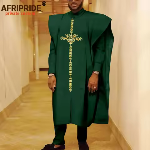 African Clothes for Men Embroidery Agbada Robe Shirts and Pants Set Dashiki Outfits Traditional Atti