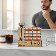 Men's Thick Beard Safety Shaver Set - 1 Handle & 8 Six-Layer Stainless Steel Blades