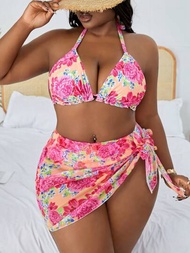 SHEIN VCAY Conjunto de bikini de talla grande para mujer con estampado floral y cuello halter para vacaciones, que incluye pareo y cubierta para la playa