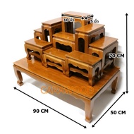TH โต๊ะหมู่บูชาไม้สักทั้งชุดรวมฐาน หมู่ 9 หน้า 5 (88*50*สูง70 ซม.) สีย้อม(อมส้ม)รวมฐาน งานไม้สักทั้ง