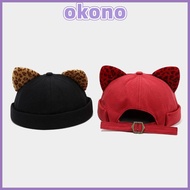 OKONO Melon Docker Cap, Adjustable Leopard Print Cat Ears Brimless Hat, Casual Solid Color Rolled Cu