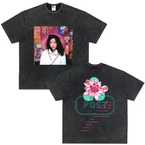 Bjork Post Album Promo Vintage Washed T Shirt Men's Women Clothing Hip Hop Oversized T-shirt Cotton 