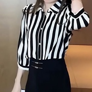 New Striped Seven Quarter Sleeve Shirt, Loose and Slimming, Breathable Korean Version Shirt Top